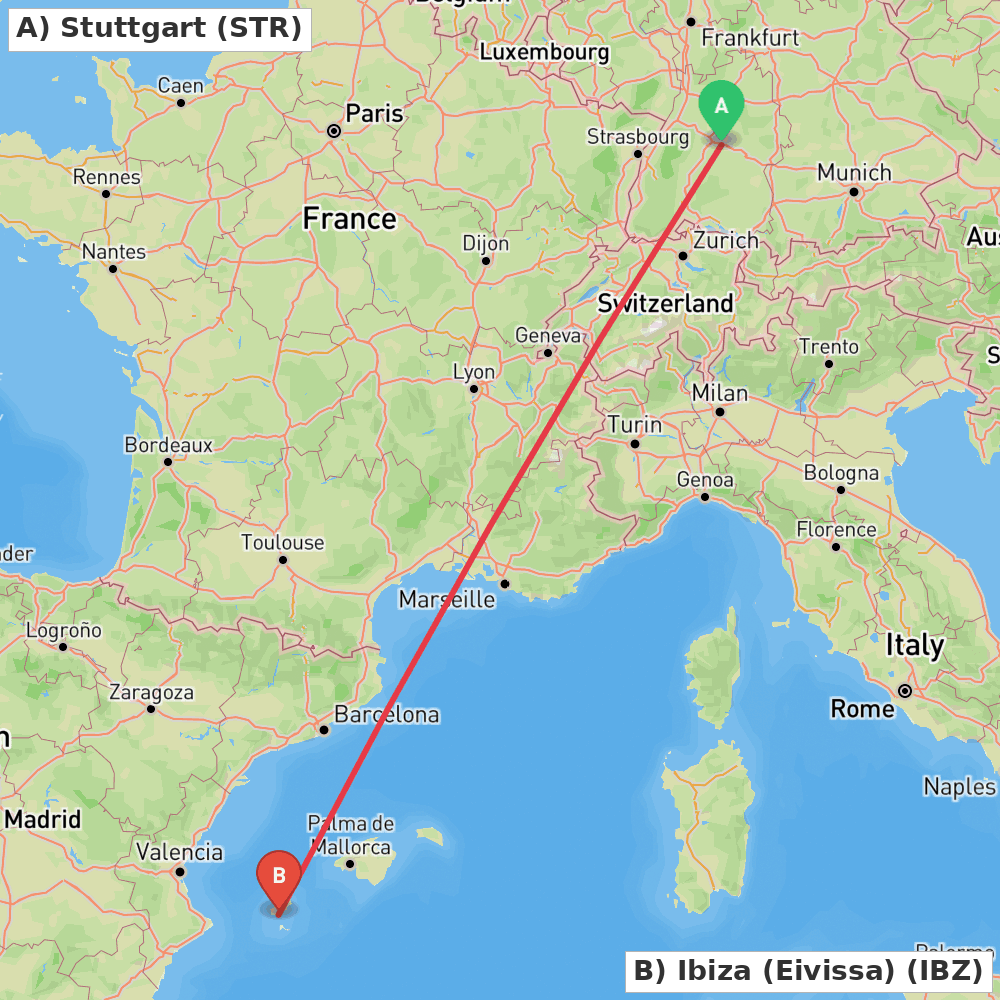 Flight route map from Stuttgart to Ibiza (Eivissa)