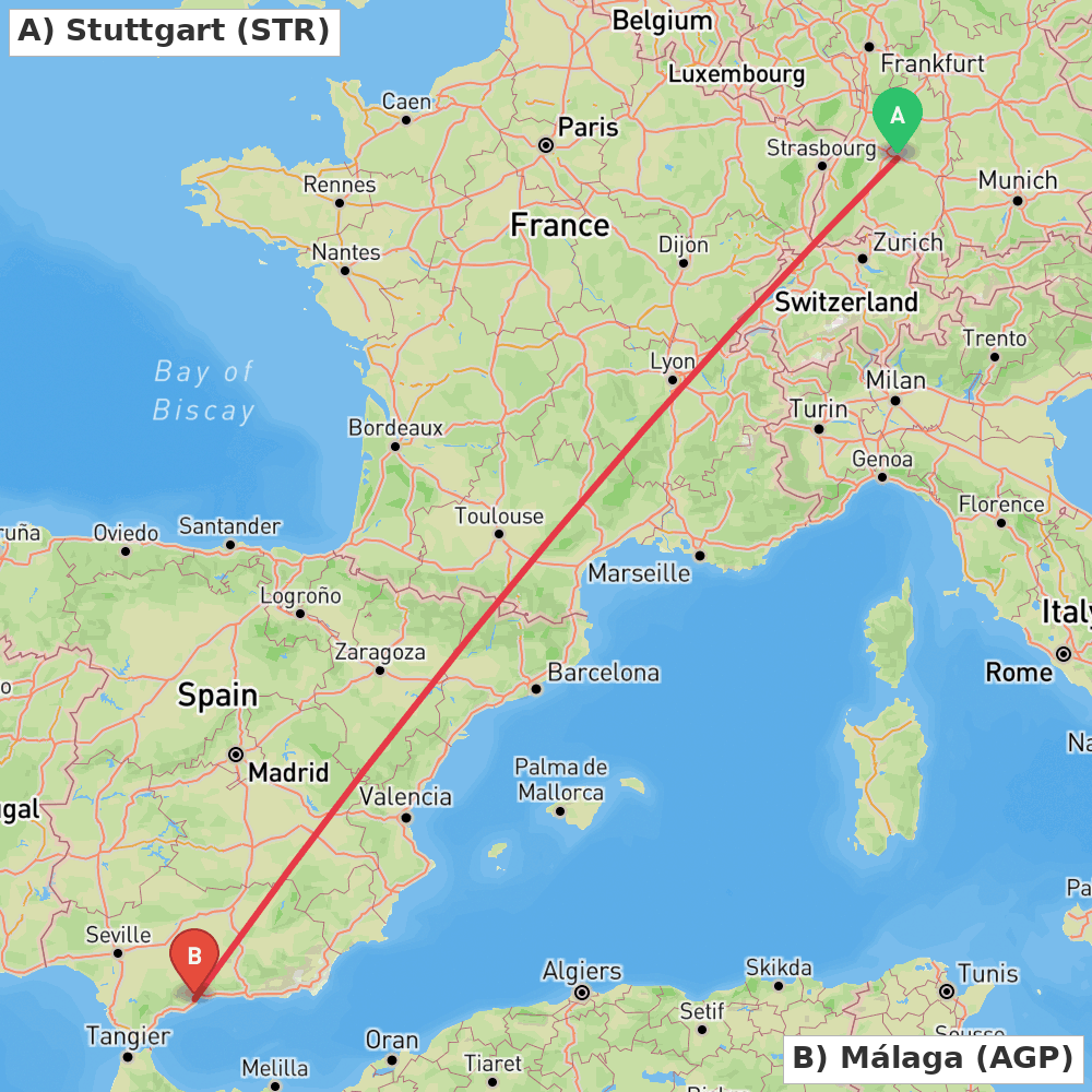 Flight route map from Stuttgart to Málaga