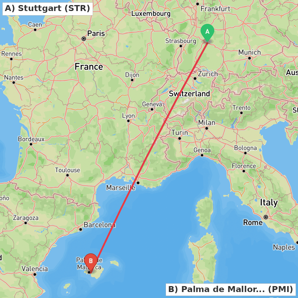 Flight route map from Stuttgart to Palma de Mallorca