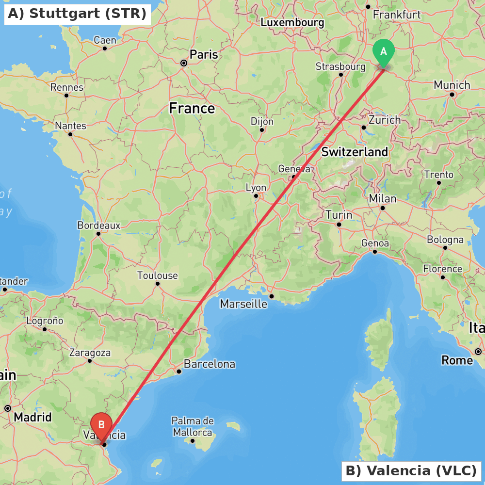 Flight route map from Stuttgart to Valencia