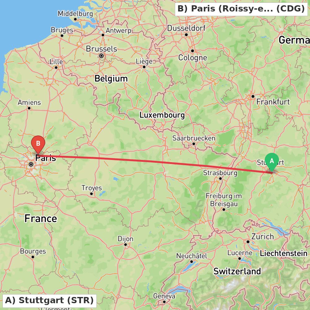 Flight route map from Stuttgart to Paris (Roissy-en-France, Val-d'Oise)