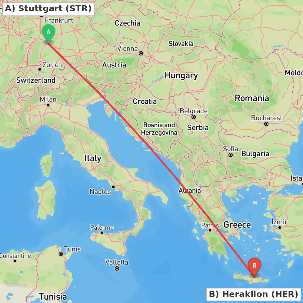 Flight route map from Stuttgart to Heraklion