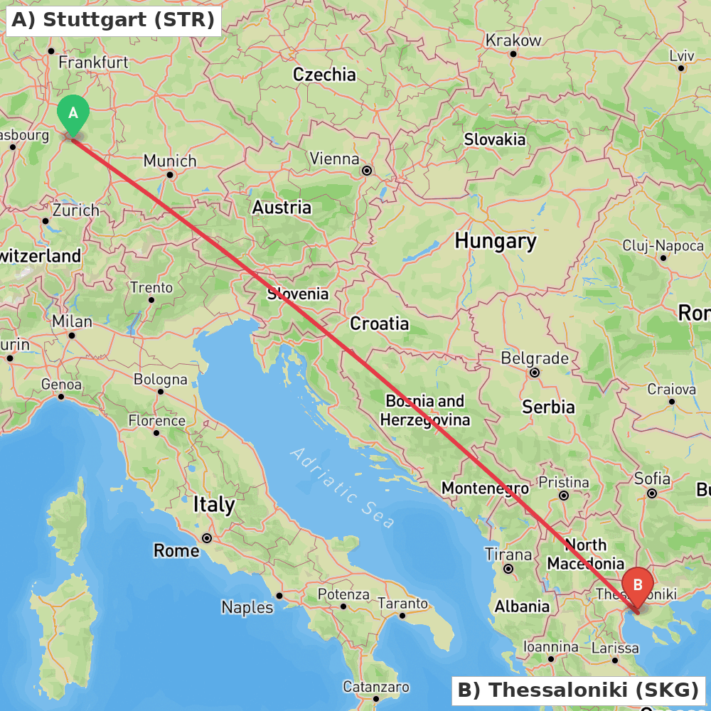 Flight route map from Stuttgart to Thessaloniki