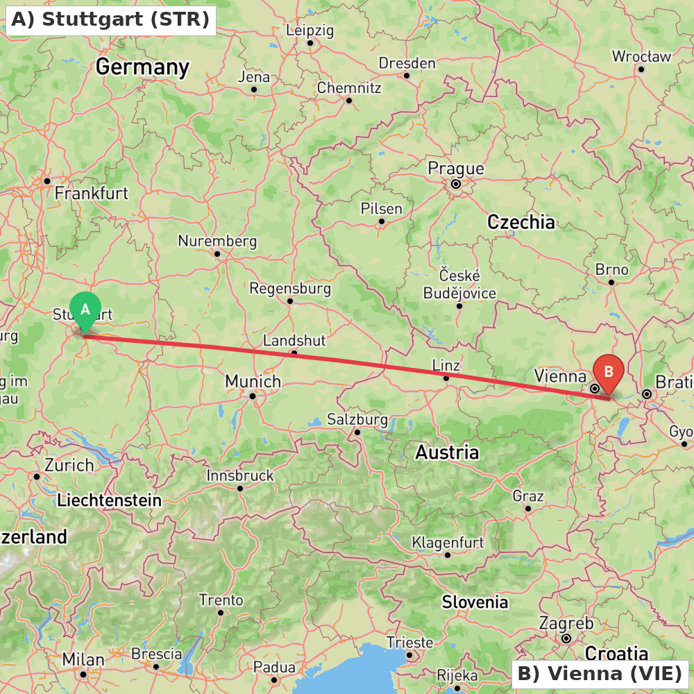 Flight route map from Stuttgart to Vienna