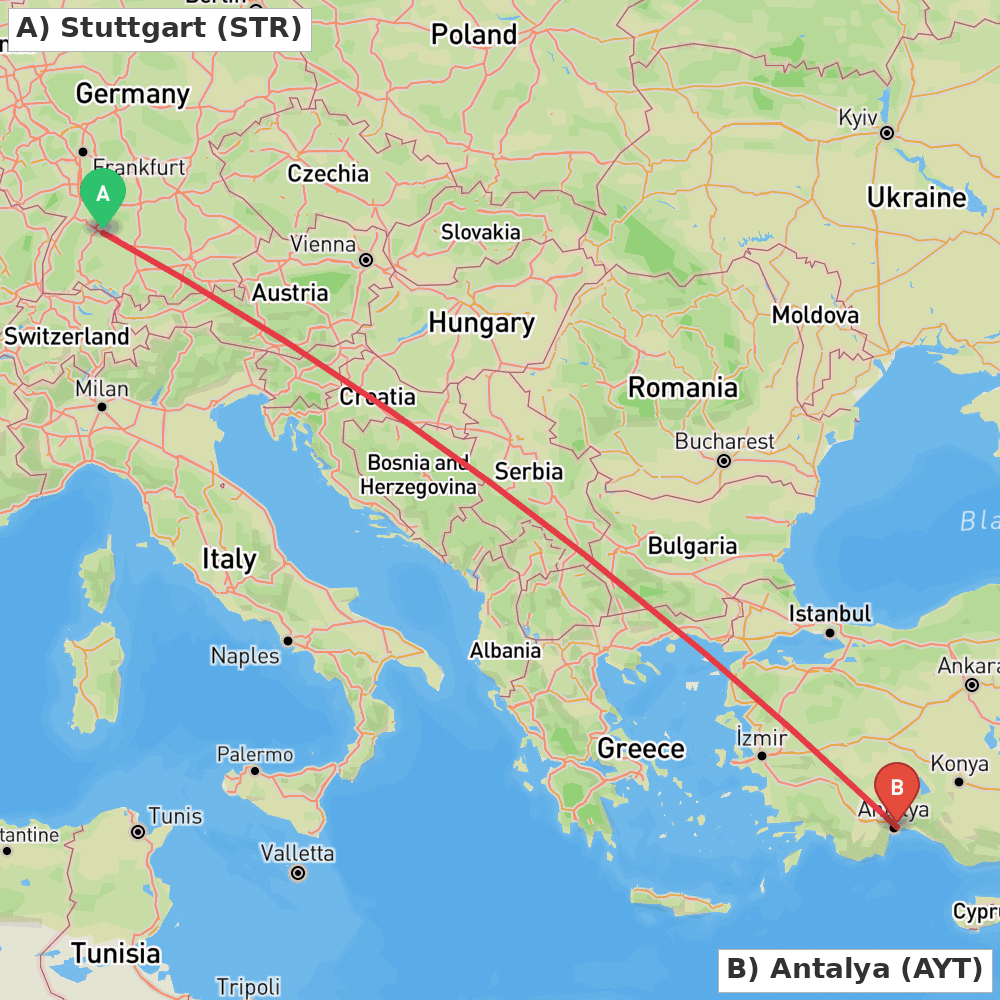 Flight route map from Stuttgart to Antalya