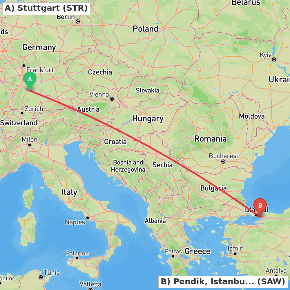 Flight route map from Stuttgart to Pendik, Istanbul