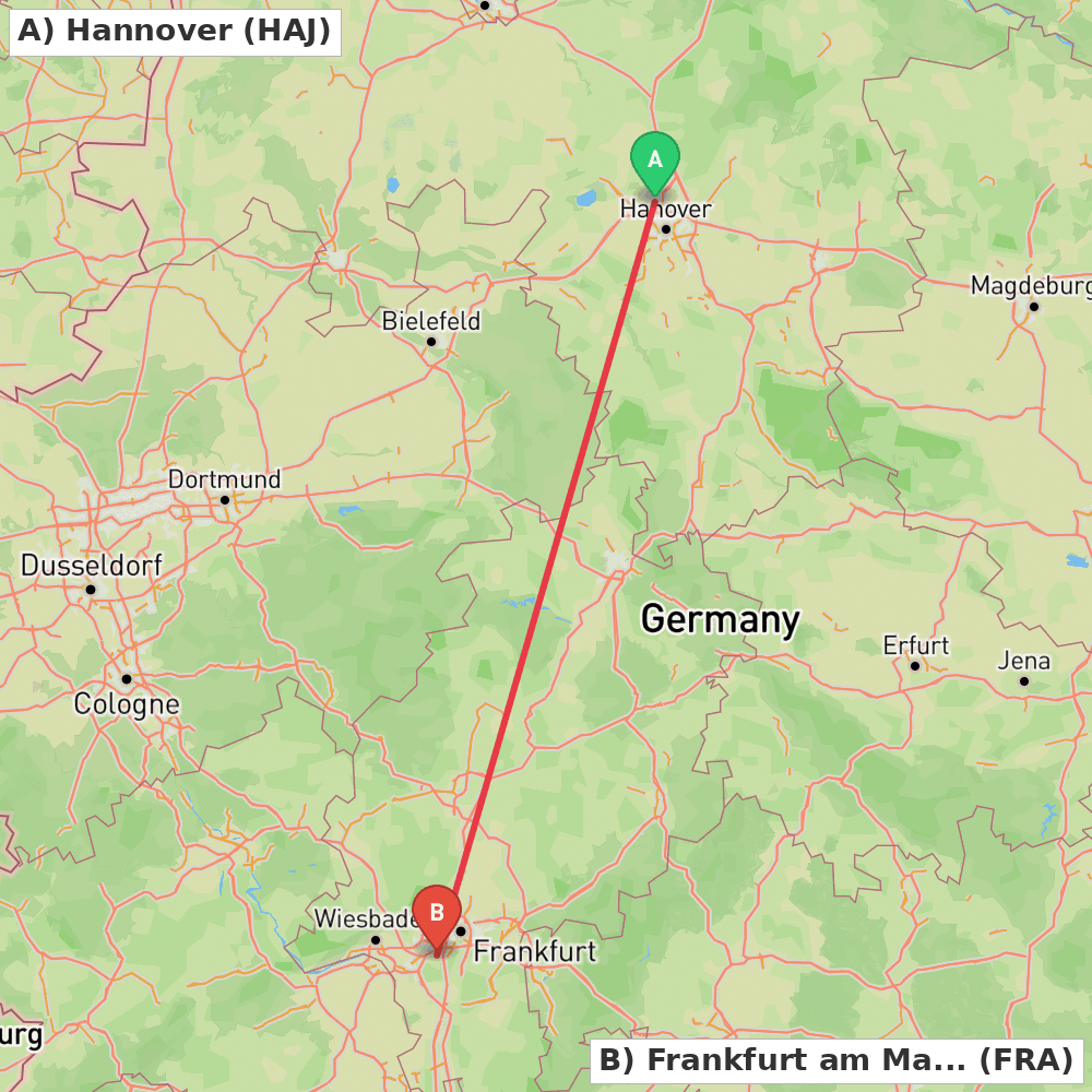 Flight route map from Hannover to Frankfurt am Main