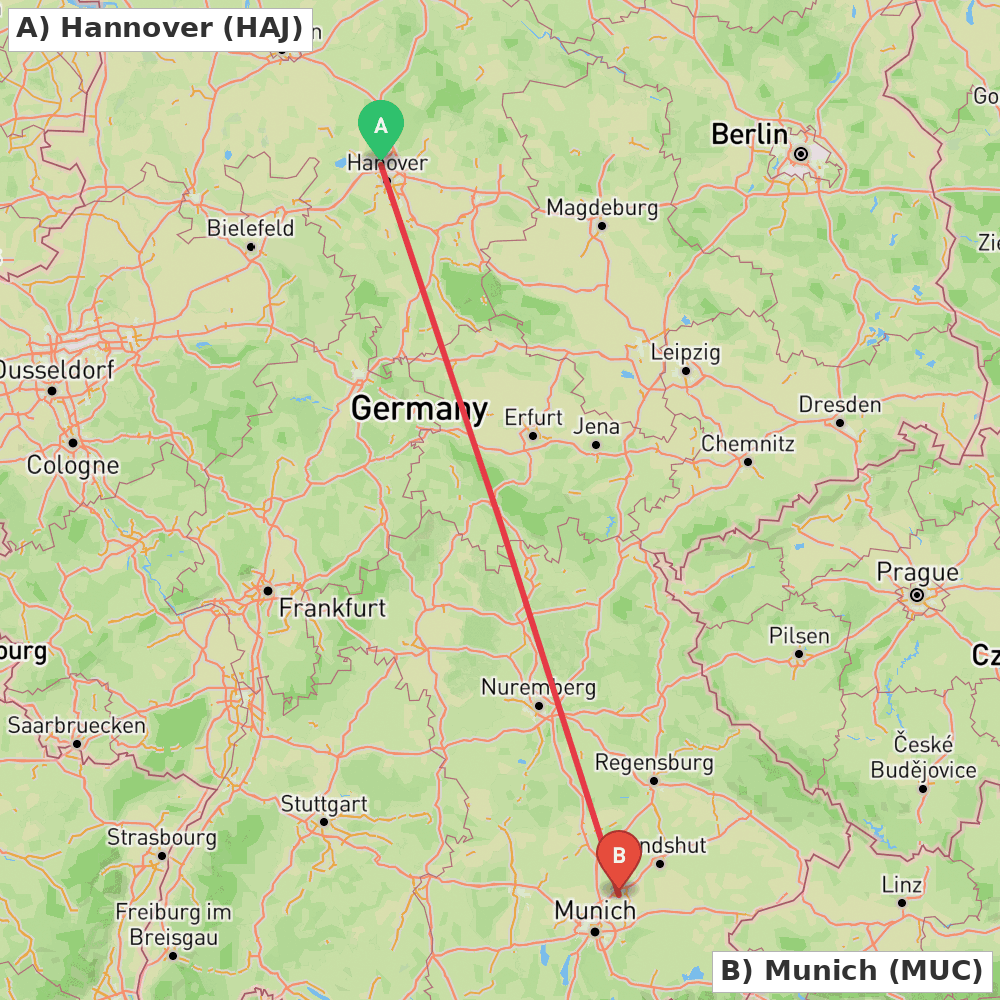 Flight route map from Hannover to Munich