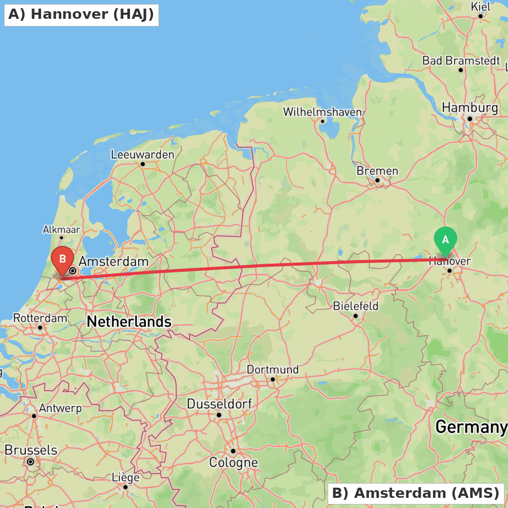 Flight route map from Hannover to Amsterdam