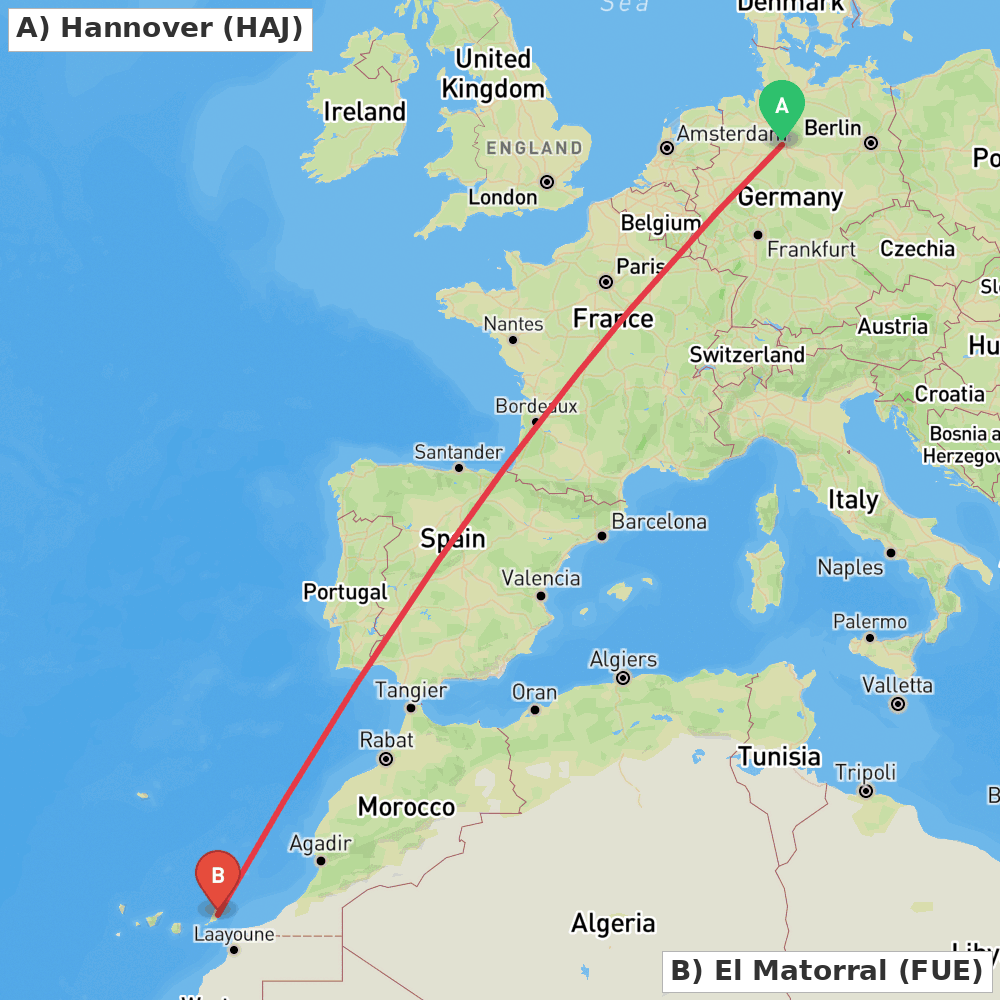 Flight route map from Hannover to El Matorral