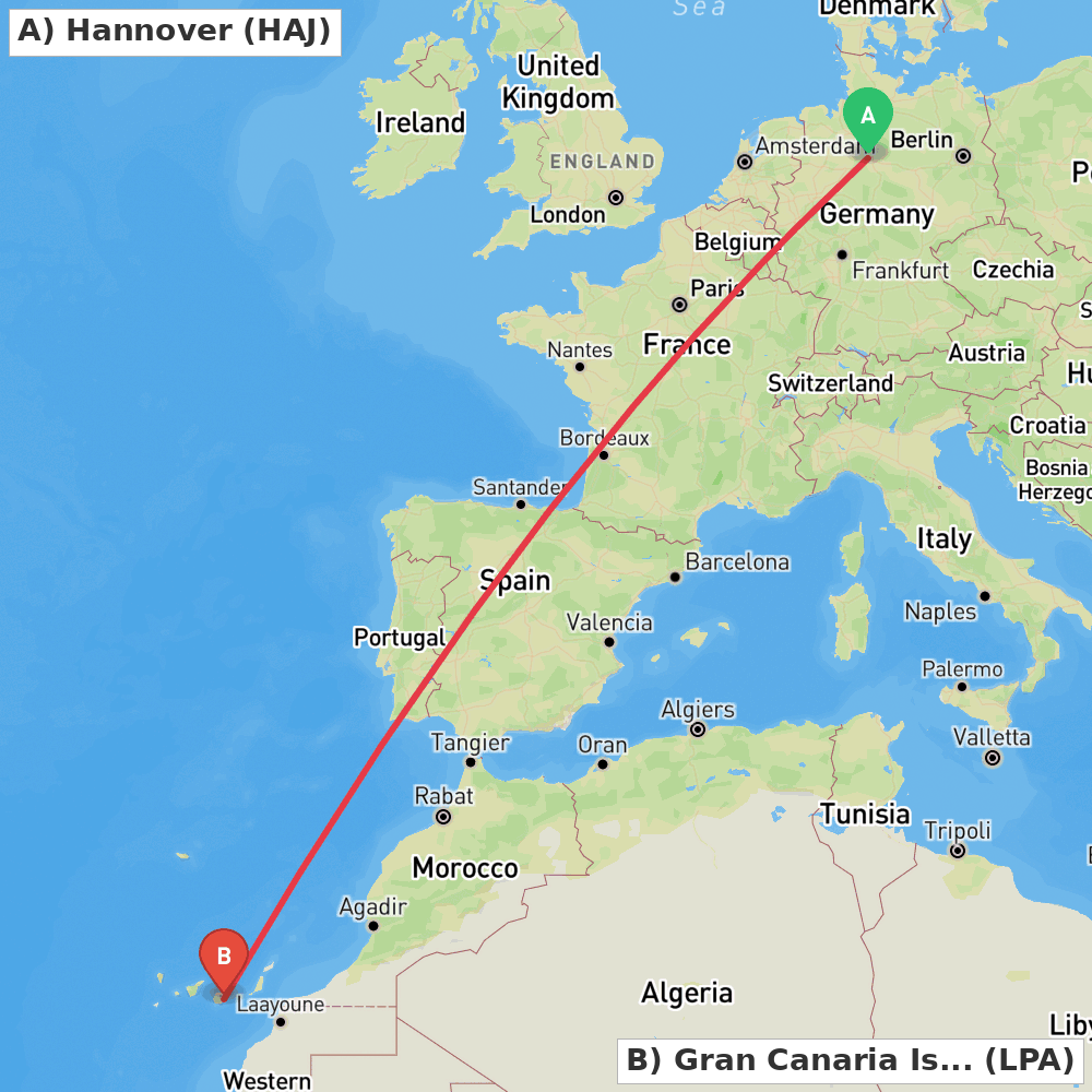 Flight route map from Hannover to Gran Canaria Island