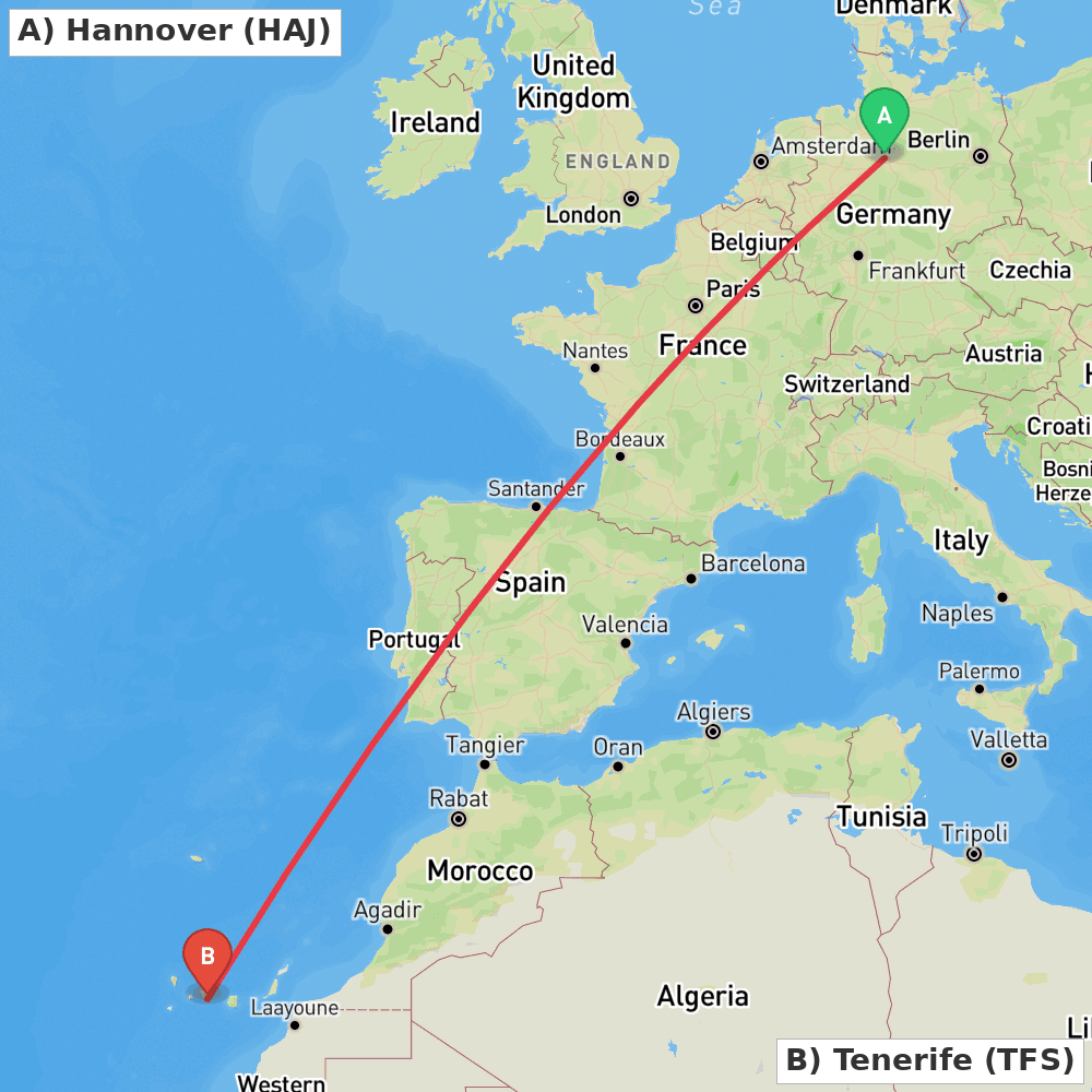 Flight route map from Hannover to Tenerife