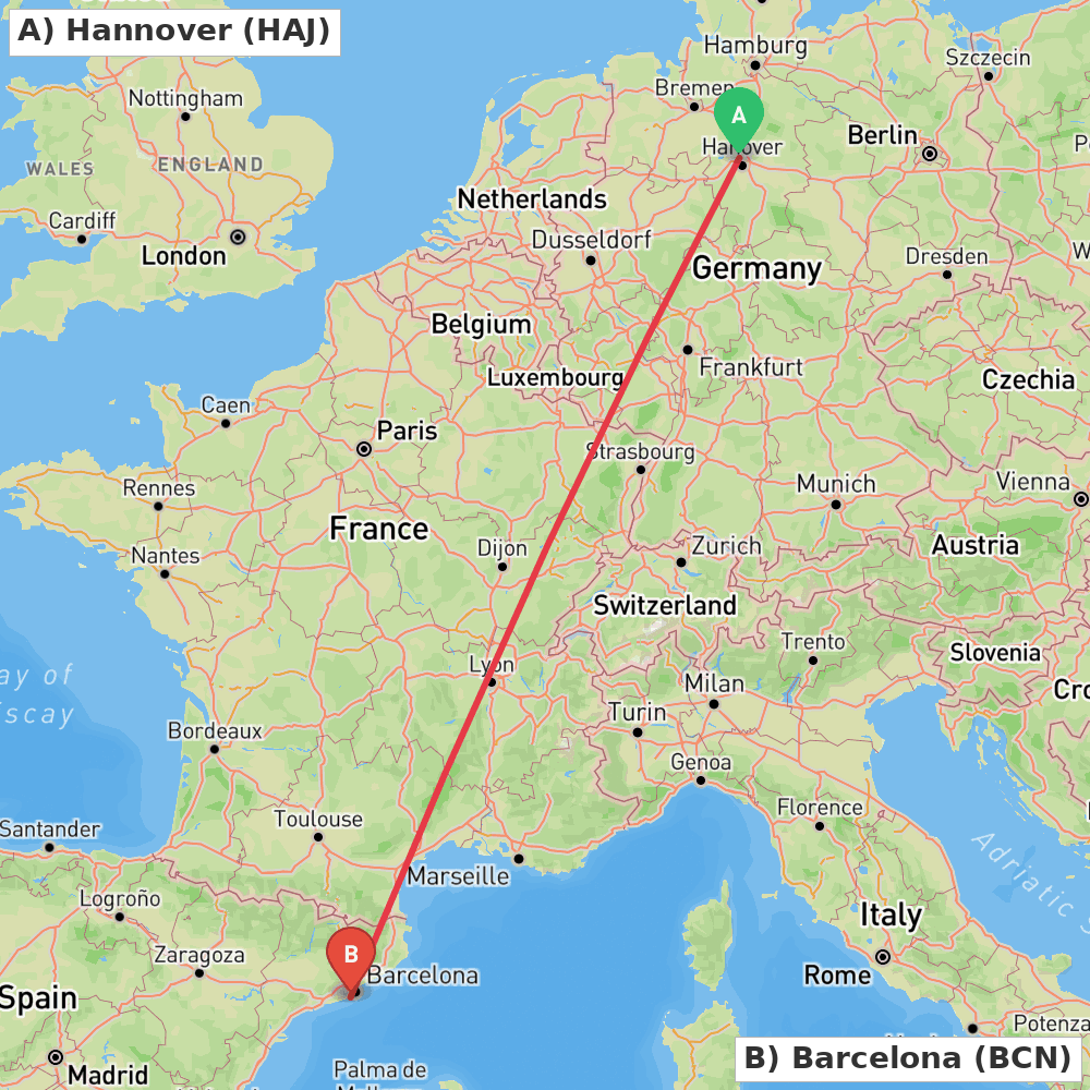 Flight route map from Hannover to Barcelona
