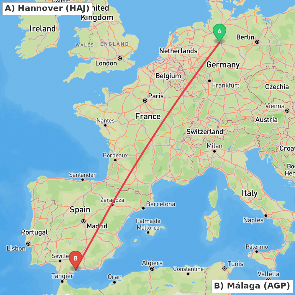 Flight route map from Hannover to Málaga