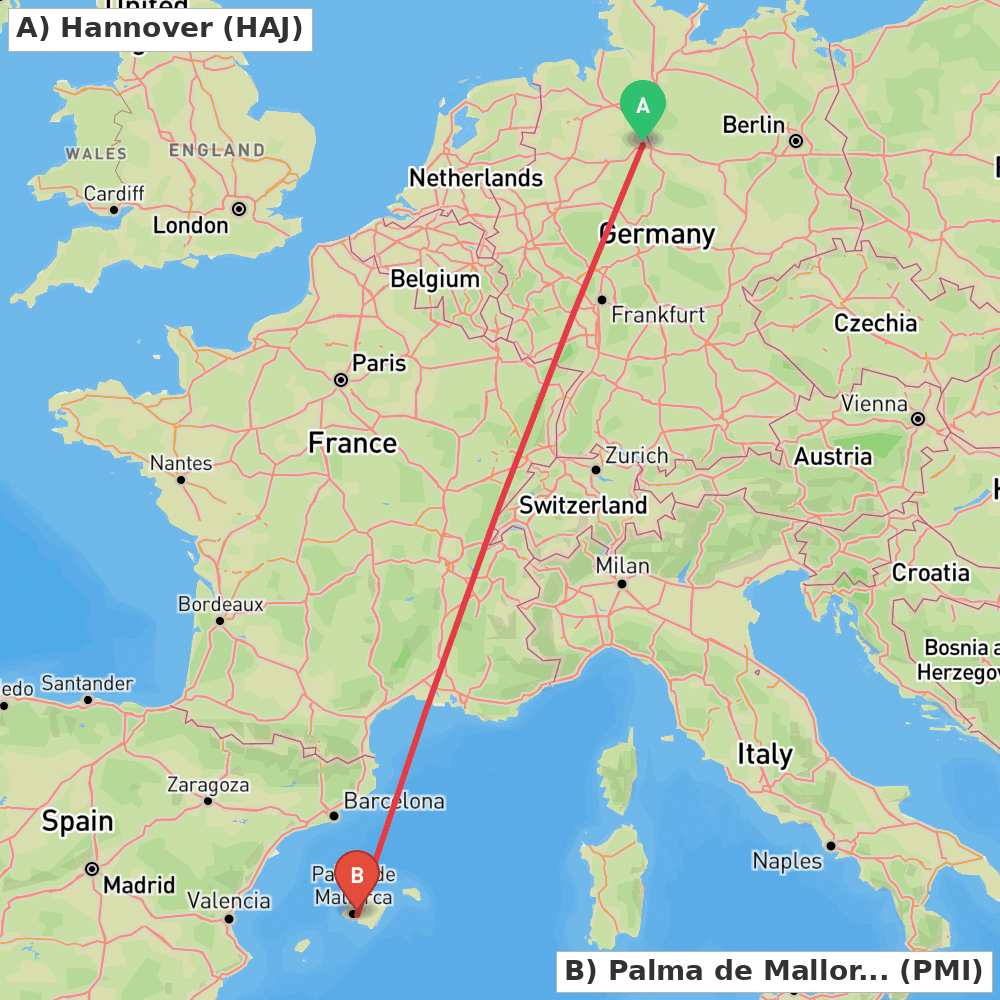 Flight route map from Hannover to Palma de Mallorca