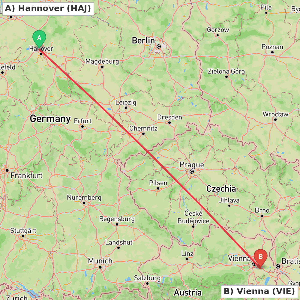 Flight route map from Hannover to Vienna
