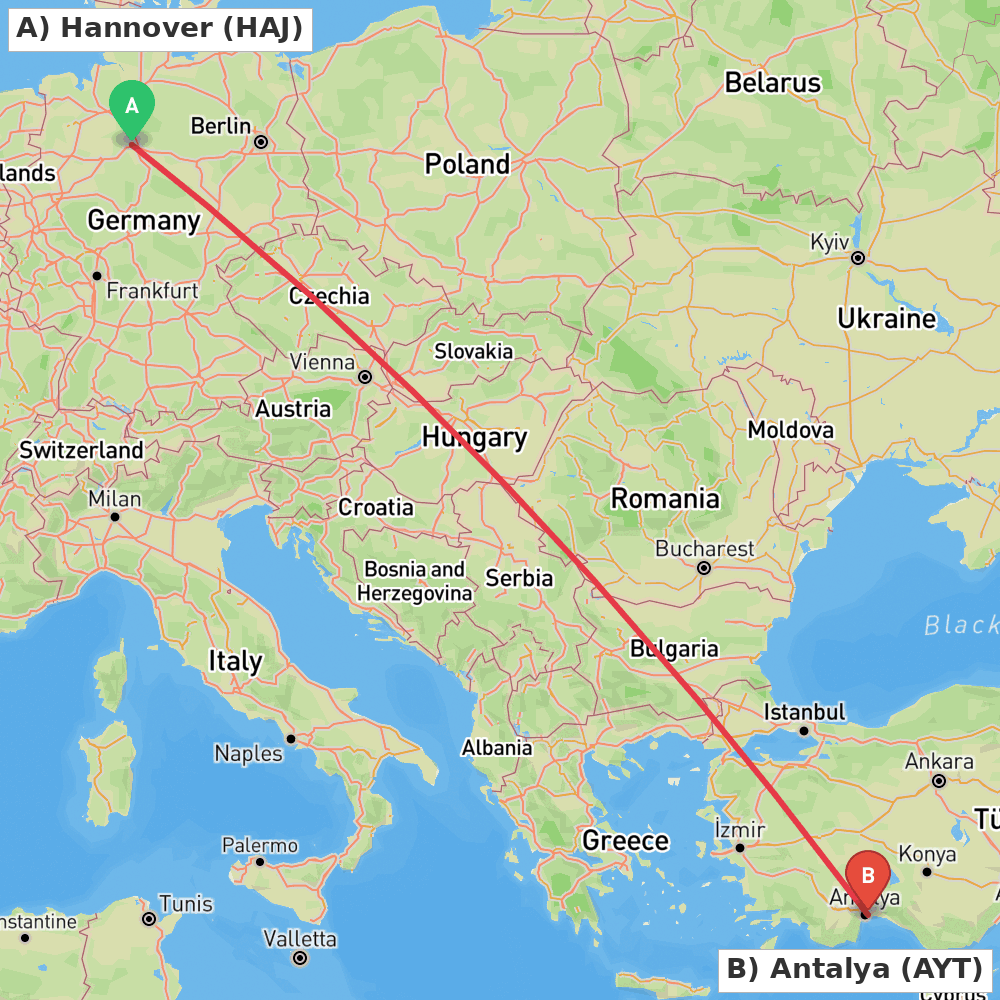 Flight route map from Hannover to Antalya