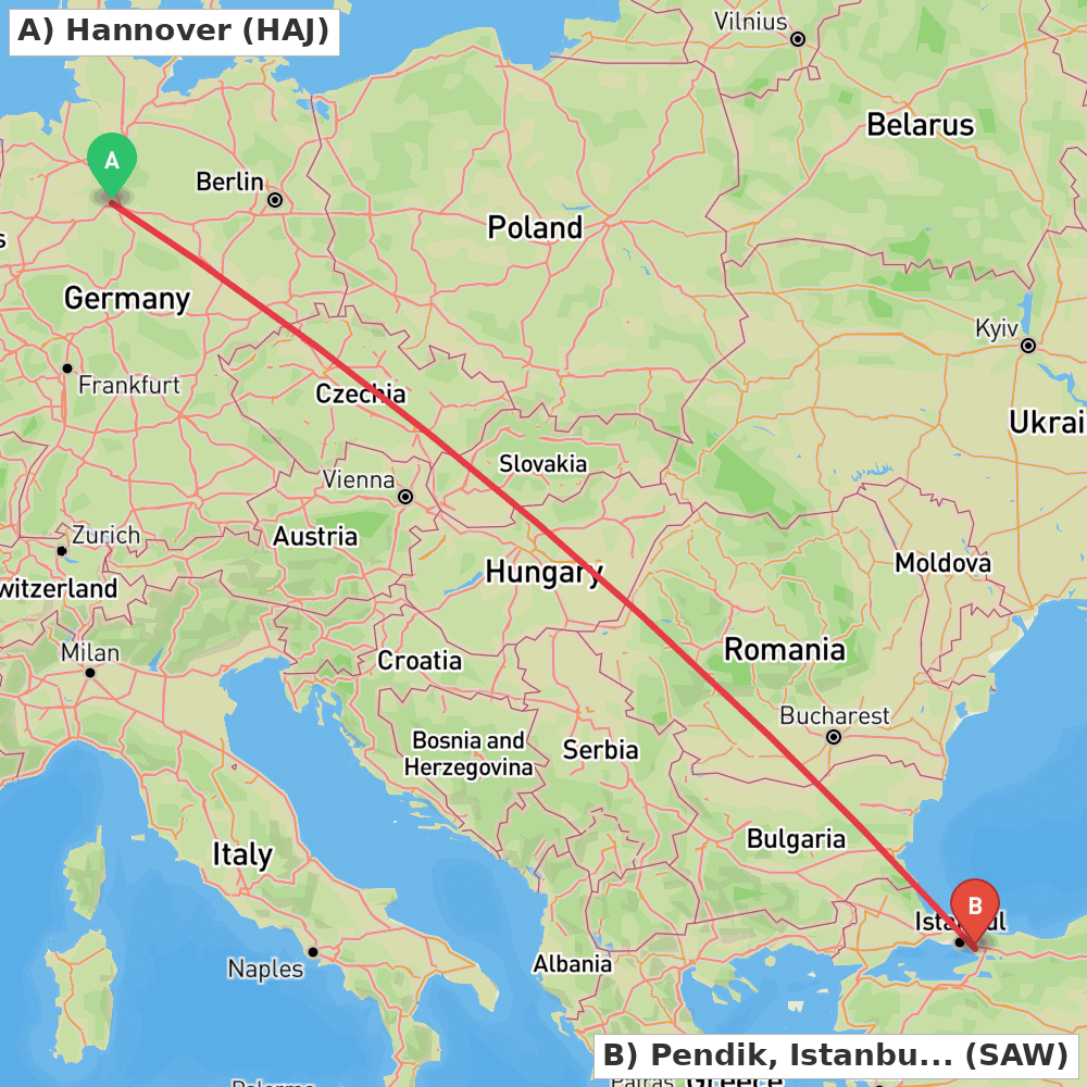 Flight route map from Hannover to Pendik, Istanbul