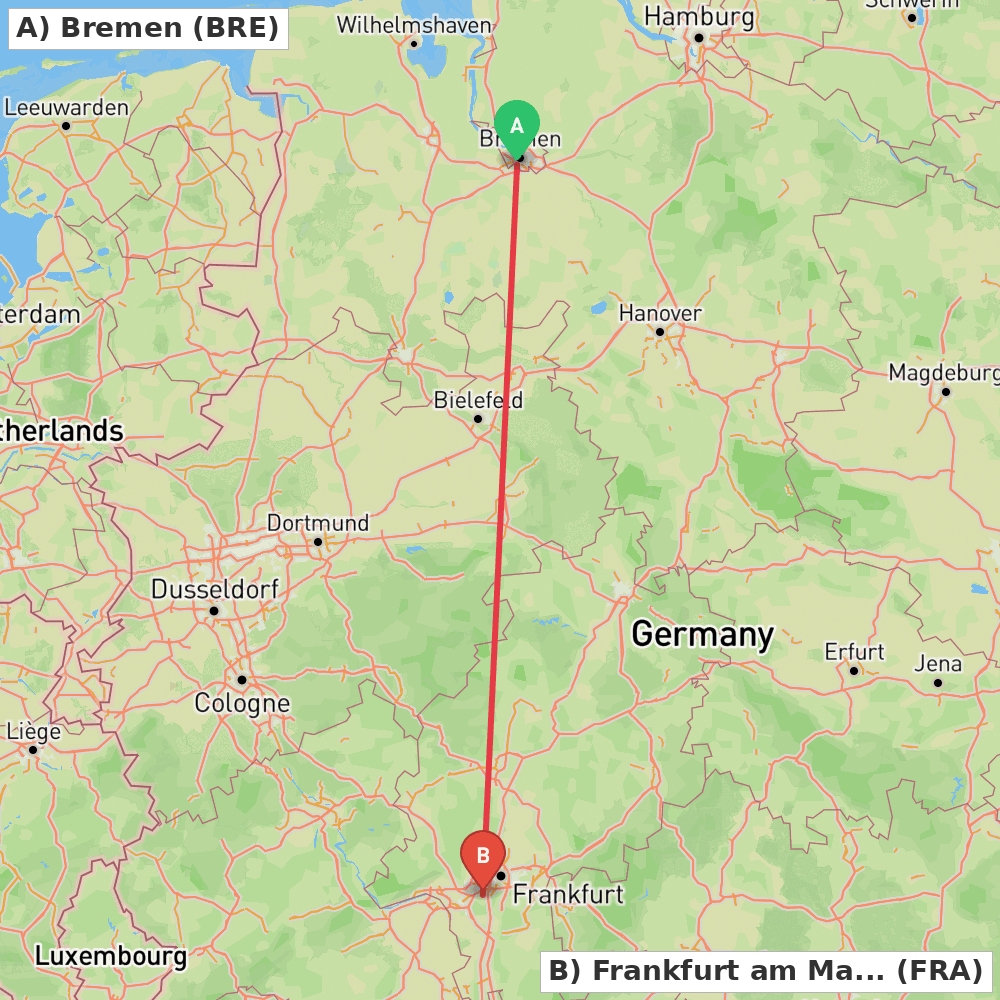 Flight route map from Bremen to Frankfurt am Main