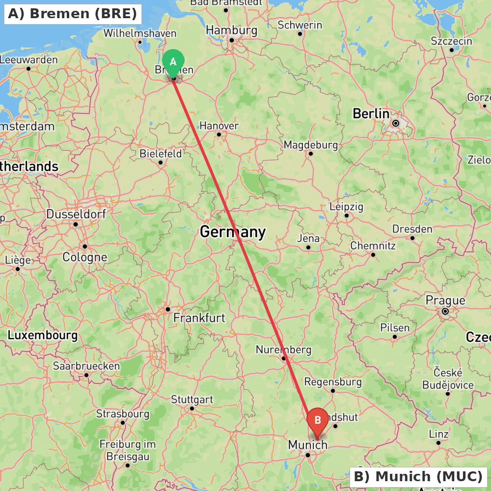 Flight route map from Bremen to Munich