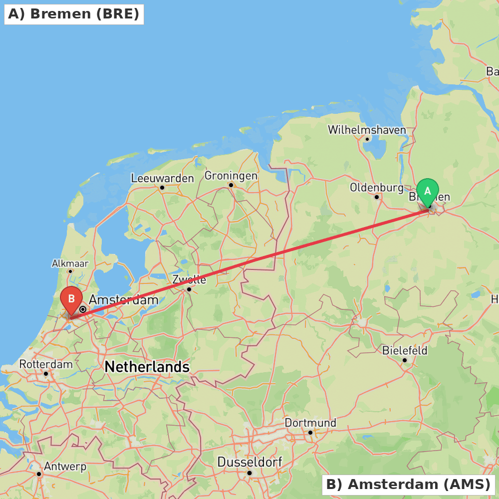 Flight route map from Bremen to Amsterdam