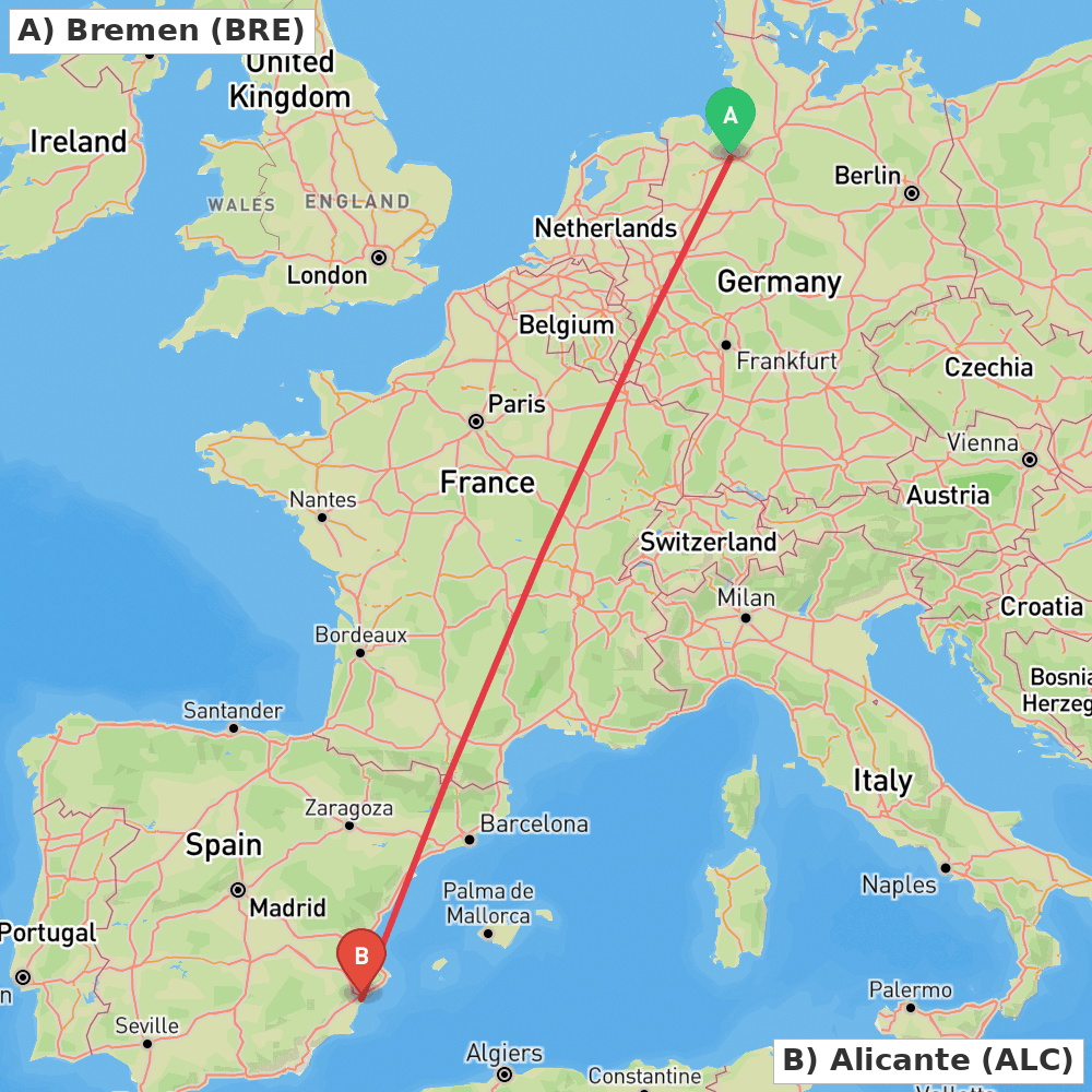 Flight route map from Bremen to Alicante