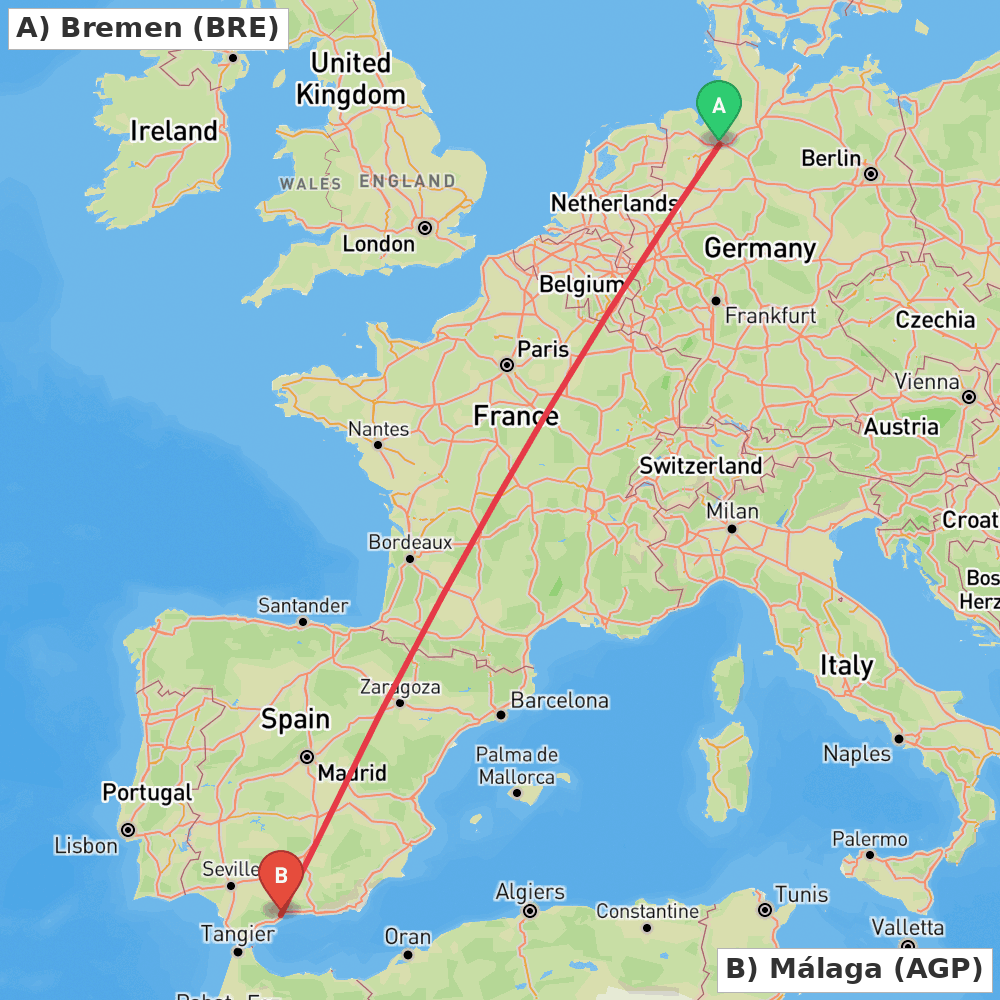 Flight route map from Bremen to Málaga