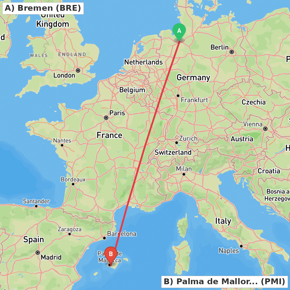 Flight route map from Bremen to Palma de Mallorca