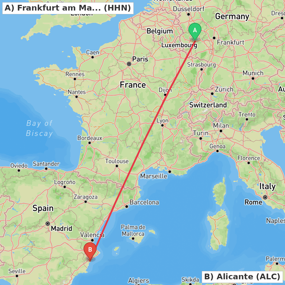 Flight route map from Frankfurt am Main (Lautzenhausen) to Alicante