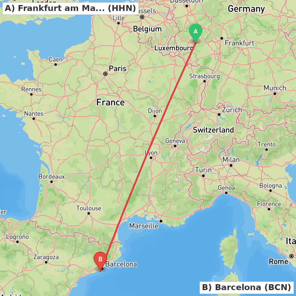 Flight route map from Frankfurt am Main (Lautzenhausen) to Barcelona