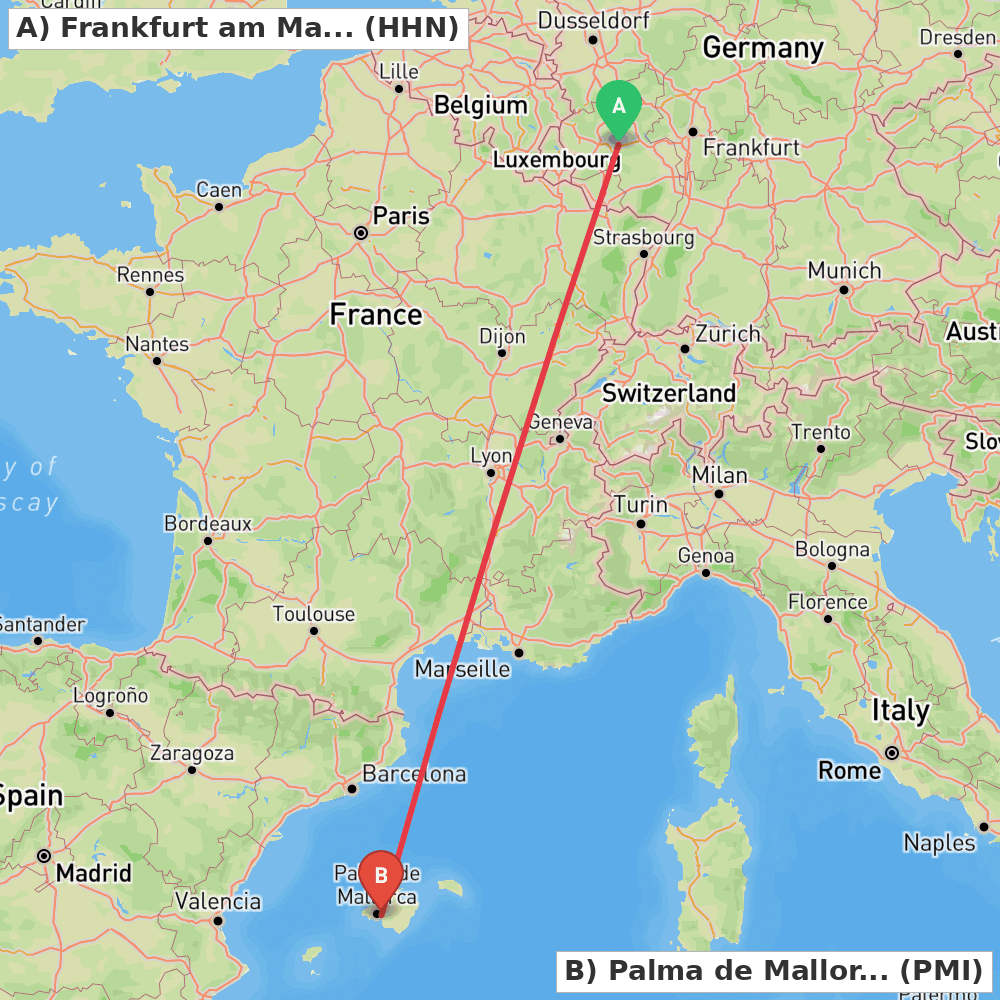 Flight route map from Frankfurt am Main (Lautzenhausen) to Palma de Mallorca