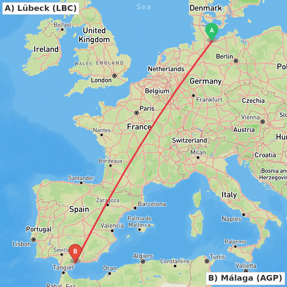 Flight route map from Lübeck to Málaga
