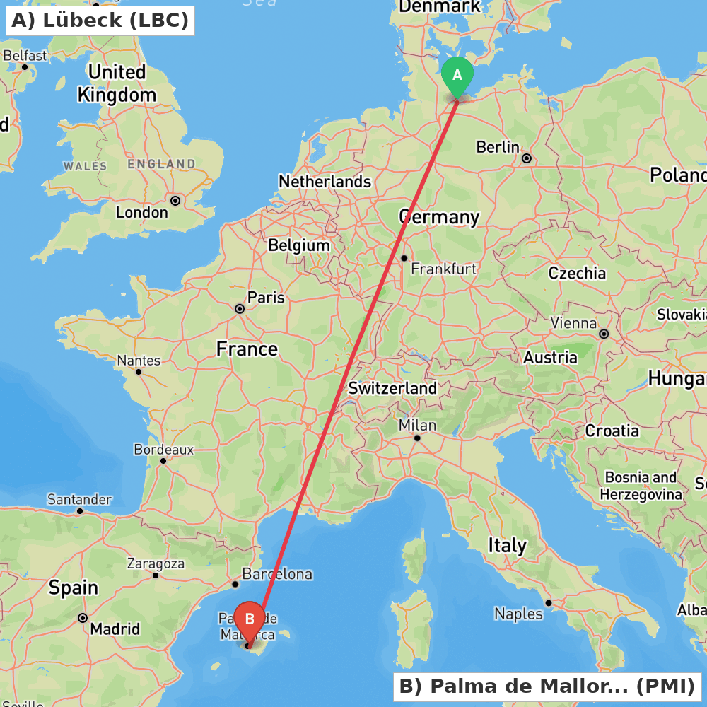 Flight route map from Lübeck to Palma de Mallorca