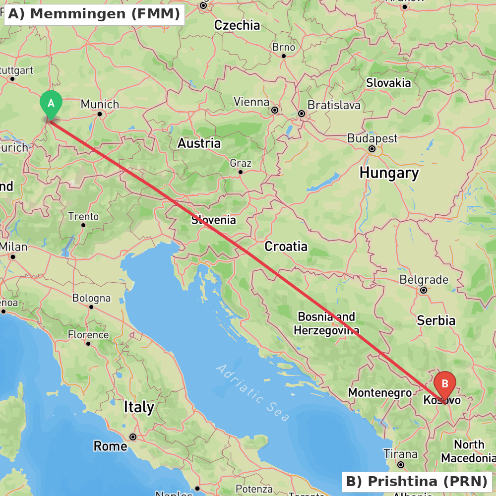 Flight route map from Memmingen to Prishtina