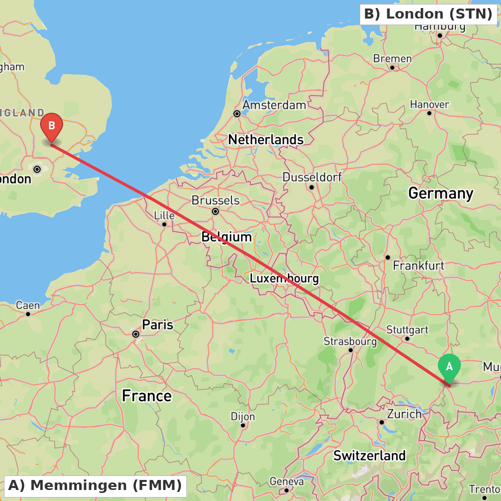Flight route map from Memmingen to London