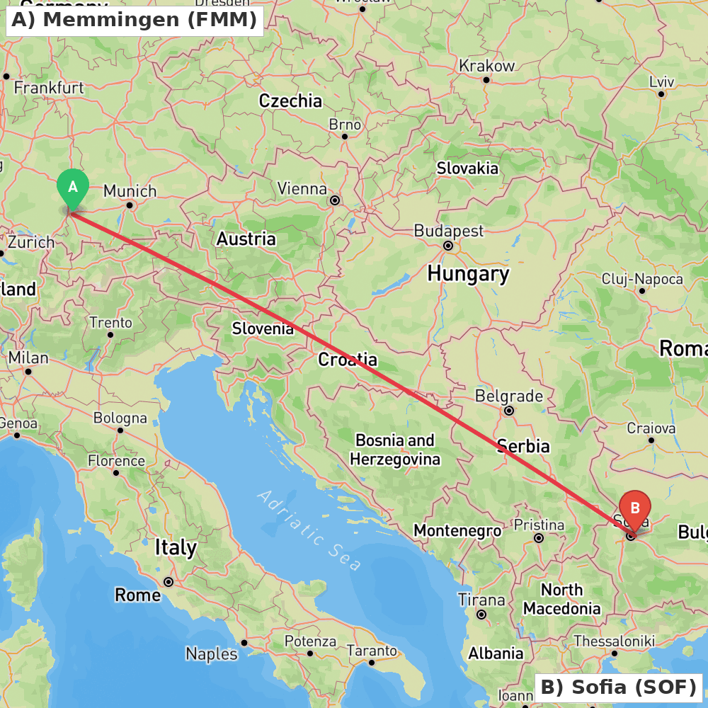 Flight route map from Memmingen to Sofia