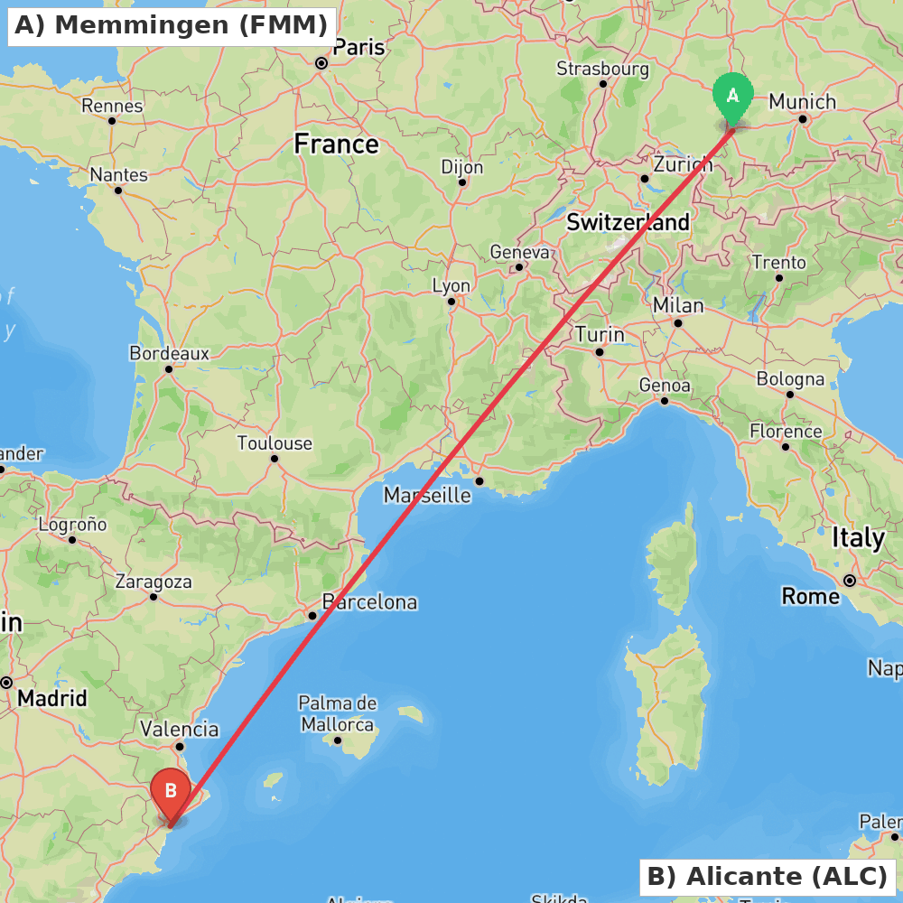 Flight route map from Memmingen to Alicante