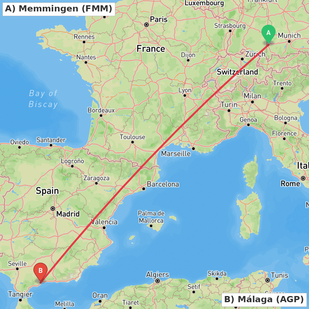 Flight route map from Memmingen to Málaga