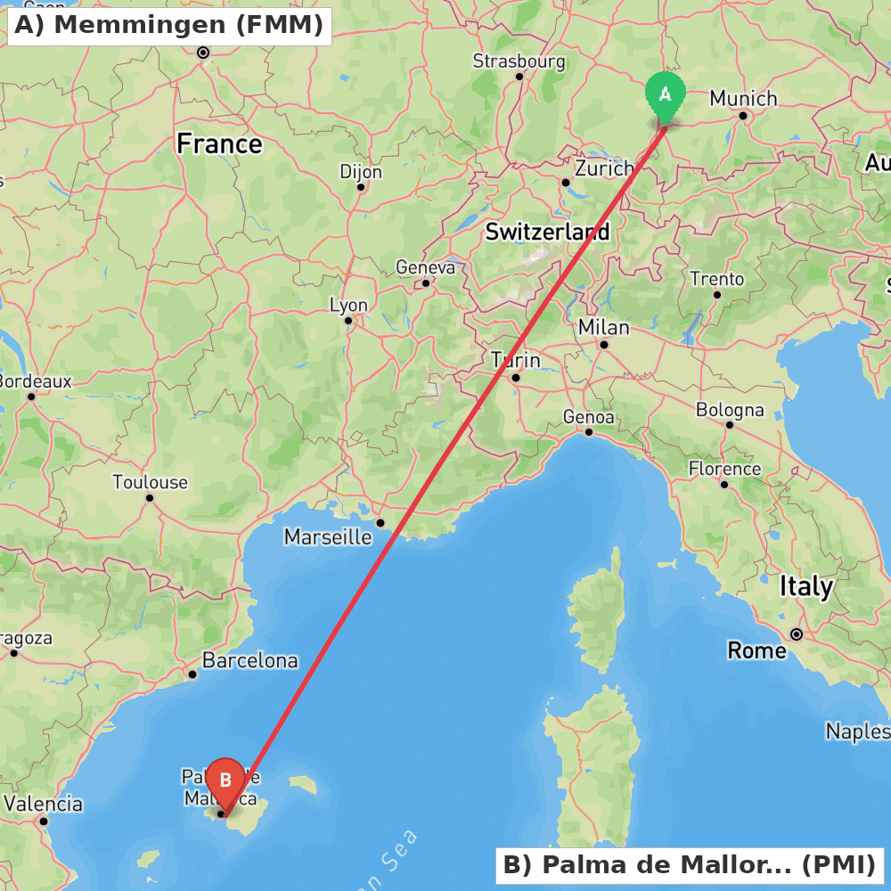 Flight route map from Memmingen to Palma de Mallorca