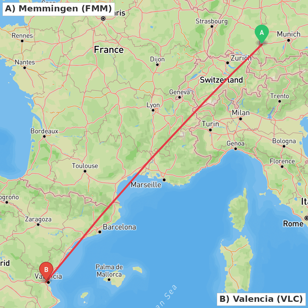 Flight route map from Memmingen to Valencia