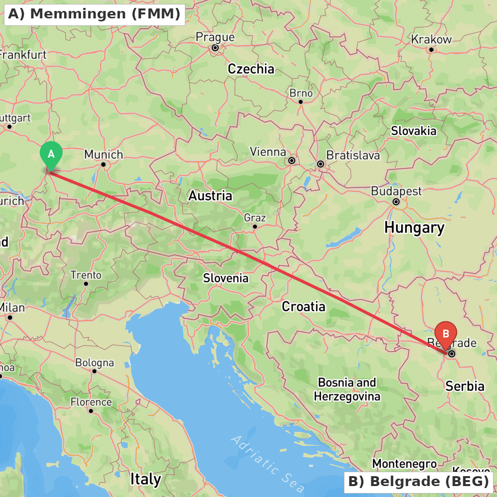 Flight route map from Memmingen to Belgrade