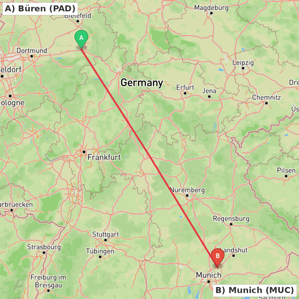 Flight route map from Büren to Munich