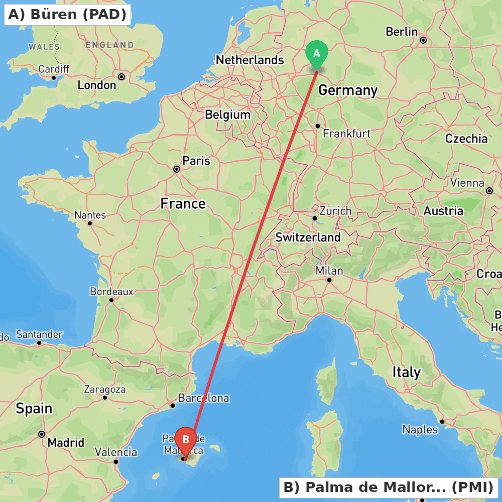 Flight route map from Büren to Palma de Mallorca