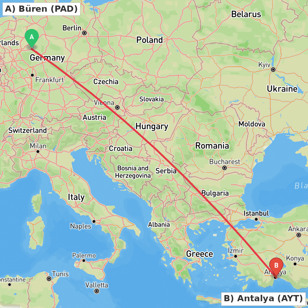 Flight route map from Büren to Antalya