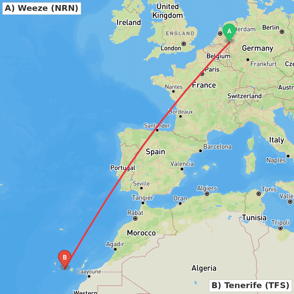 Flight route map from Weeze to Tenerife