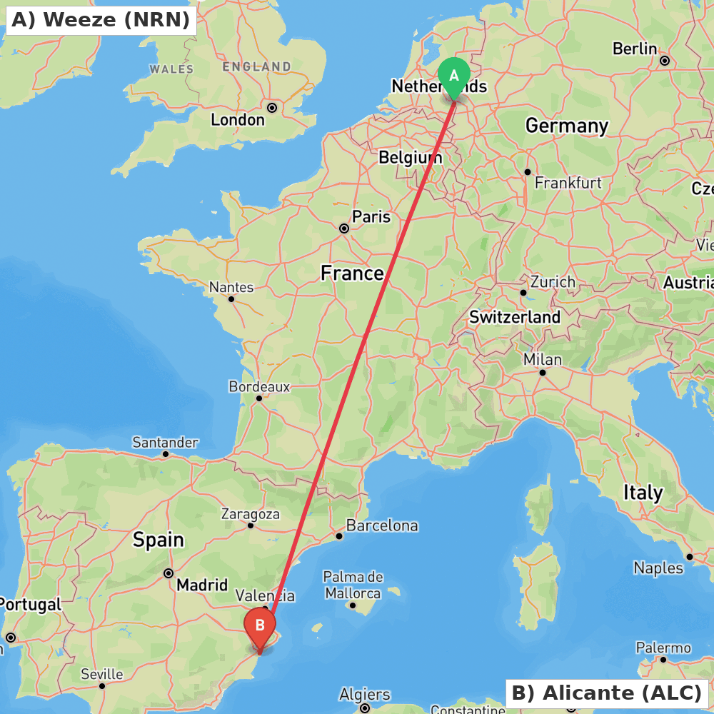 Flight route map from Weeze to Alicante