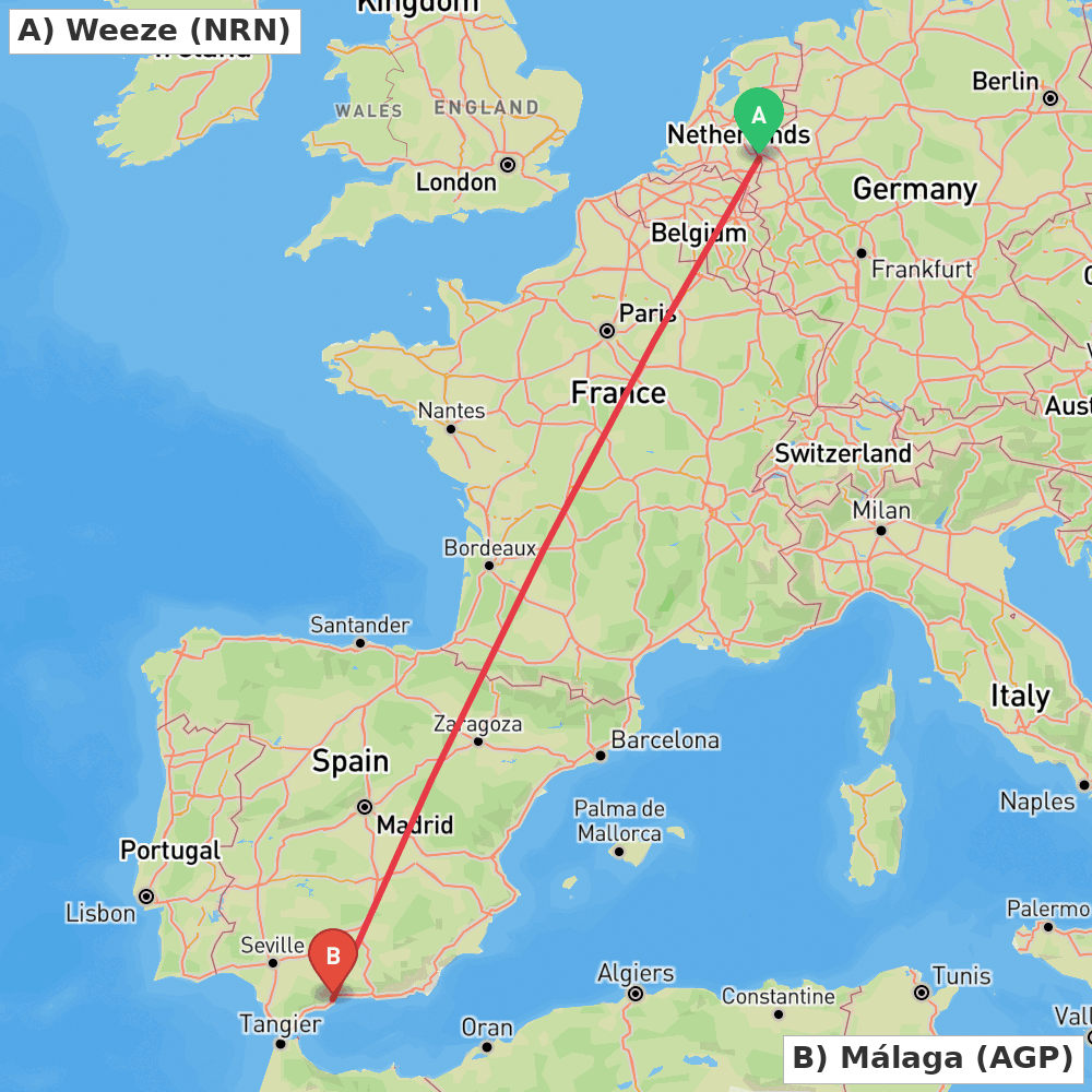 Flight route map from Weeze to Málaga