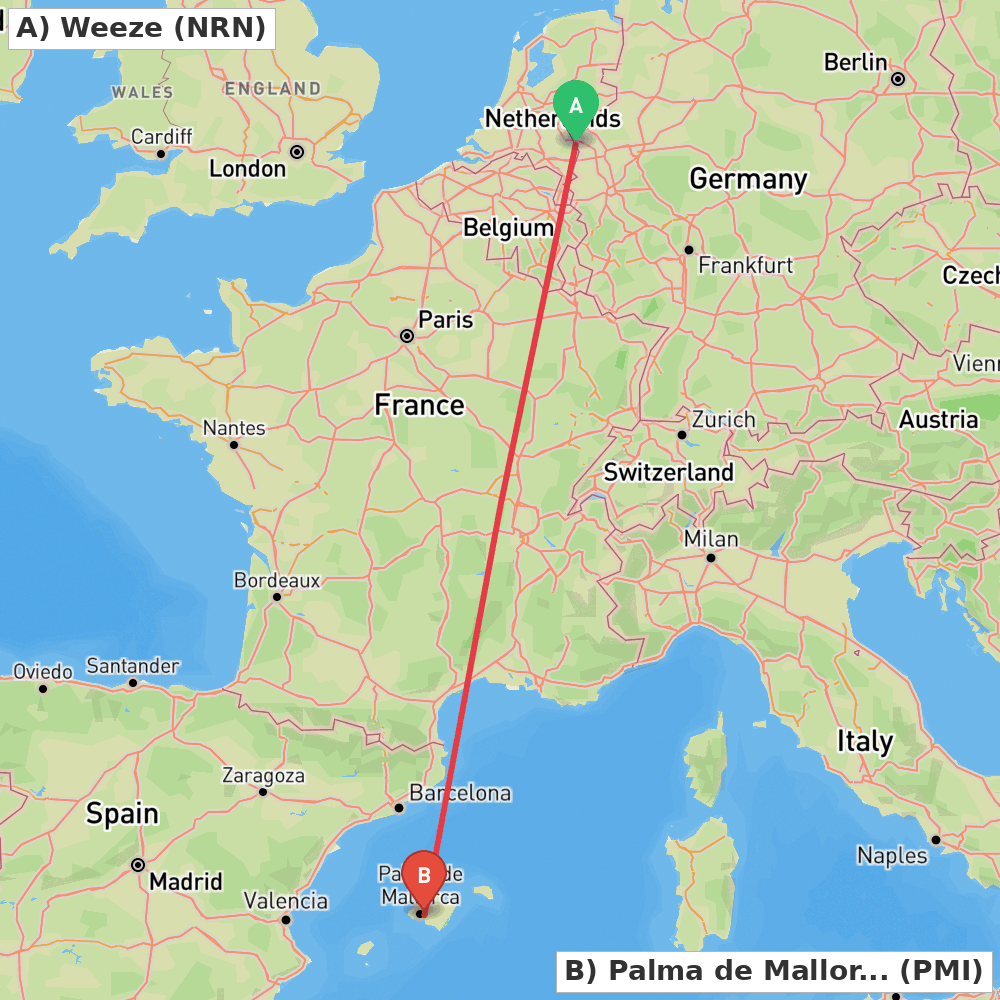 Flight route map from Weeze to Palma de Mallorca