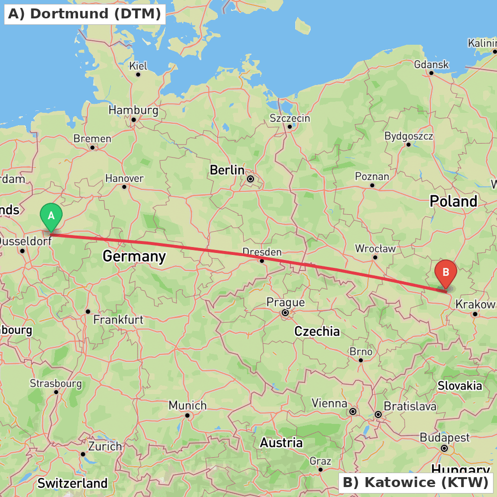 Flight route map from Dortmund to Katowice