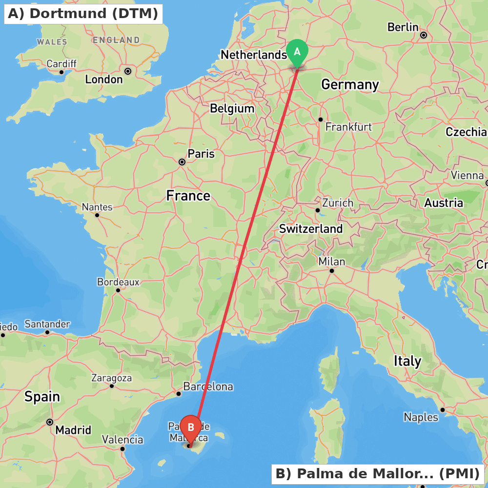 Flight route map from Dortmund to Palma de Mallorca